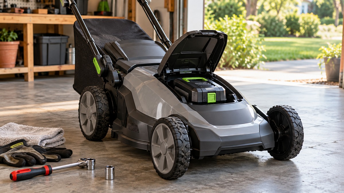 Electric lawn mower with open battery compartment