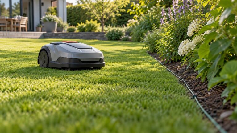 Robot lawn mower following a boundary wire beside a garden bed