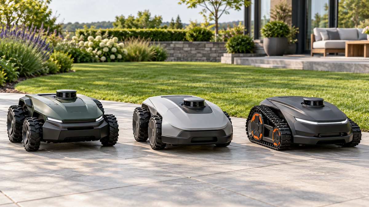 Product-focused comparison scene for dreame robotic lawn mowers with the listed options arranged clearly.