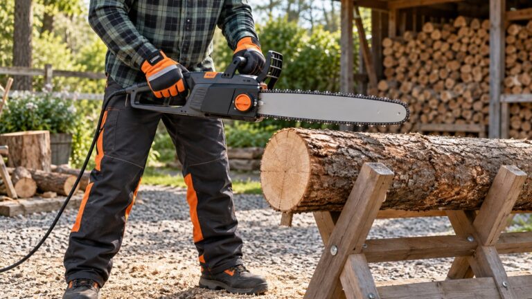 Operator holding an electric chainsaw safely above a supported log