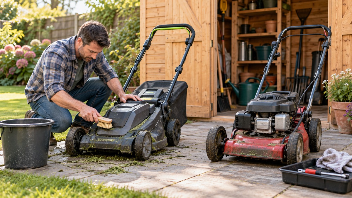 Electric and gas lawn mowers being maintained beside a garden shed