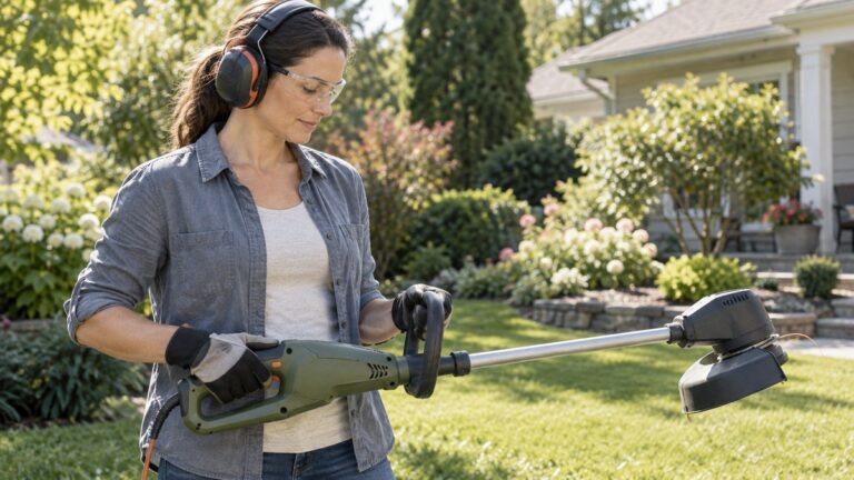 Homeowner wearing eye and ear protection while holding a yard tool