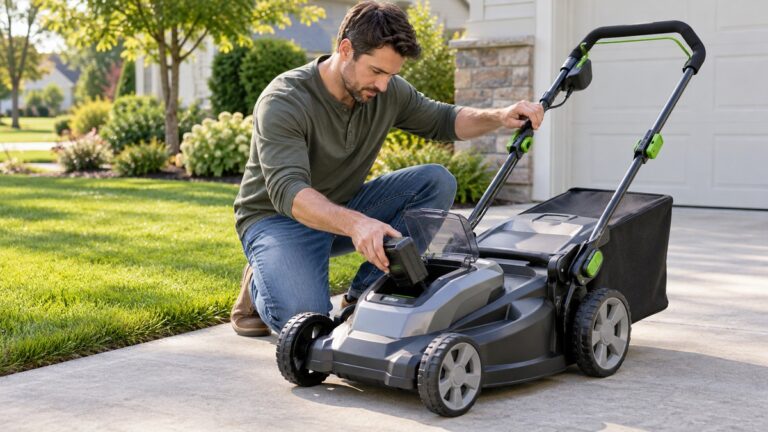 Homeowner checking the battery and handle of a cordless lawn mower
