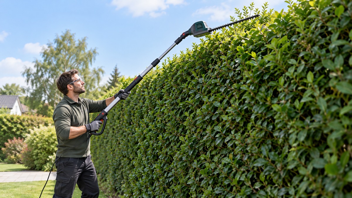 A corded electric pole hedge trimmer with its telescopic pole extended, trimming the top of a tall hedge in a suburban yard with an extension cord running across the grass.