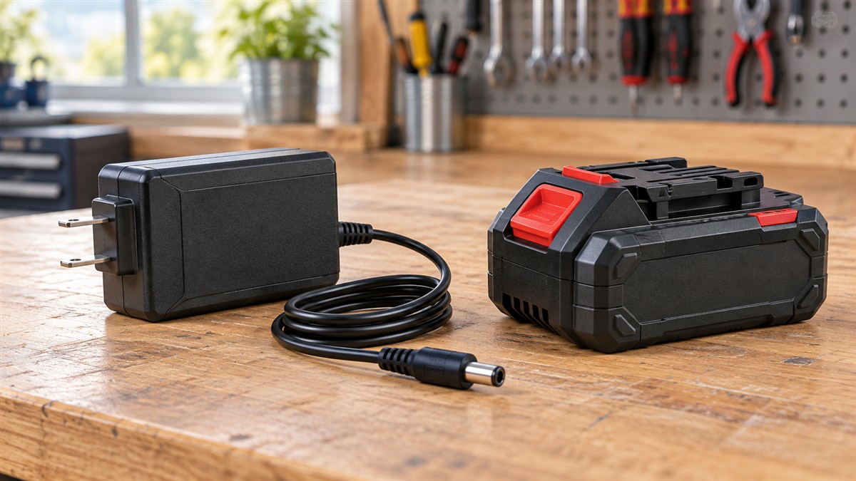 A plain 21V wall charger with a round DC plug beside a 20V lithium tool battery on a garage workbench.