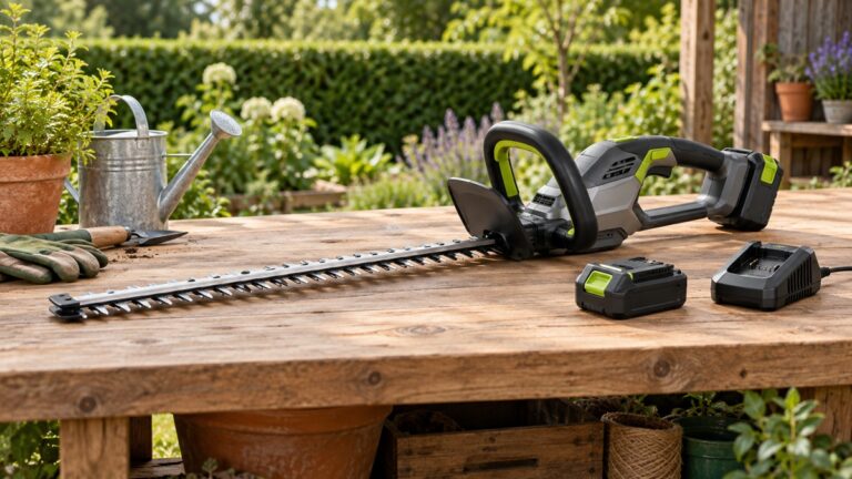 Editorial comparison scene for greenworks greenworks 24v 20in hedge trimmer 2 0 ah battery and charge.