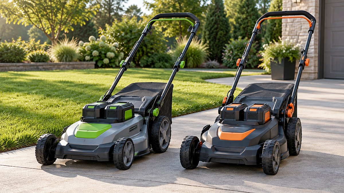 Product-focused comparison scene for greenworks walk-behind lawn mowers with the listed options arranged clearly.