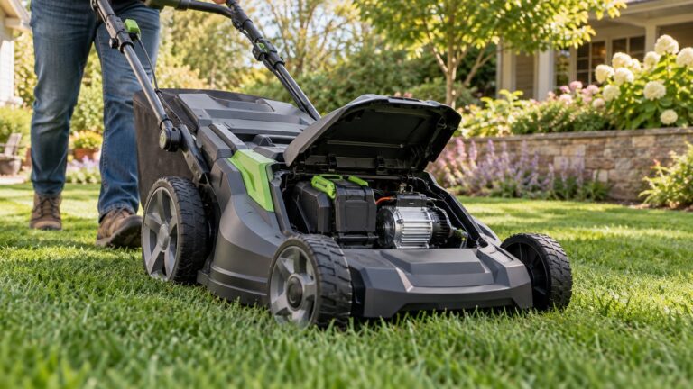 Cordless lawn mower with its battery and electric motor compartment visible