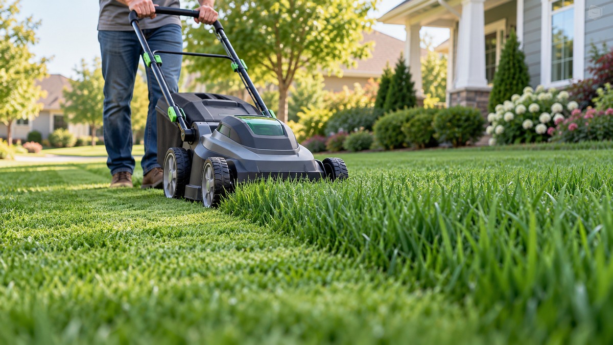 Lawn mower cutting grass to a healthy moderate height