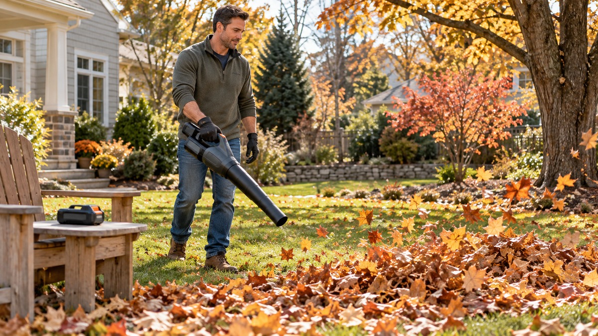 Cordless leaf blower clearing autumn leaves with a spare battery nearby