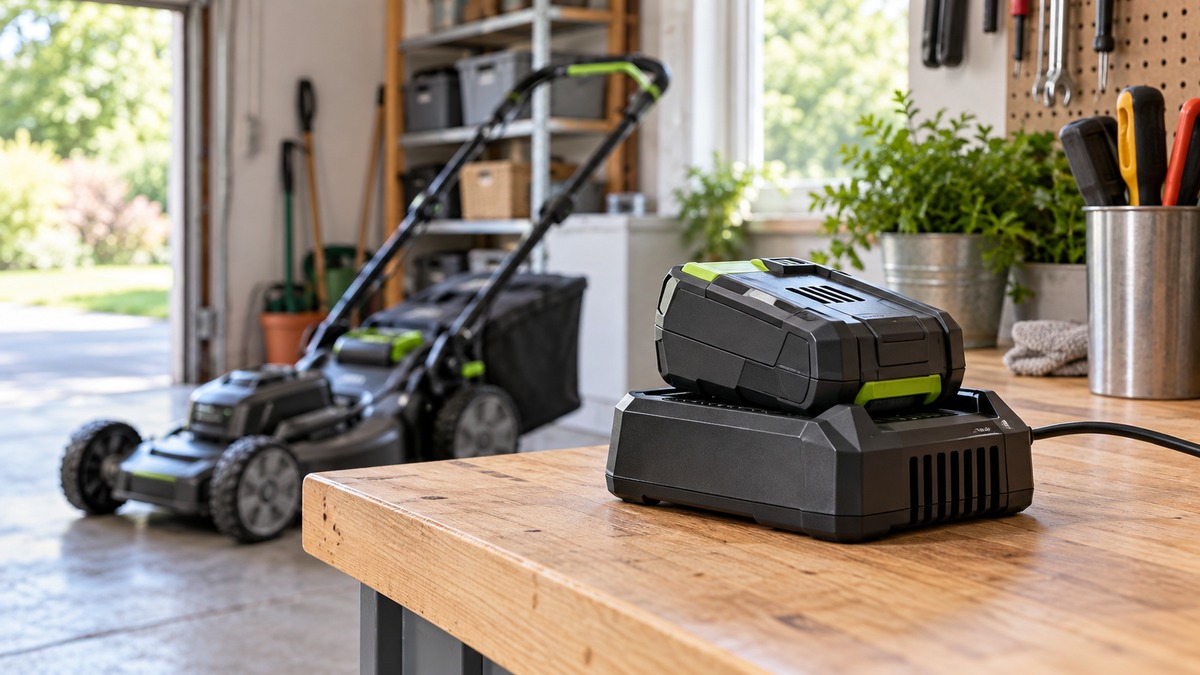 Cordless lawn mower battery charging on a garage workbench