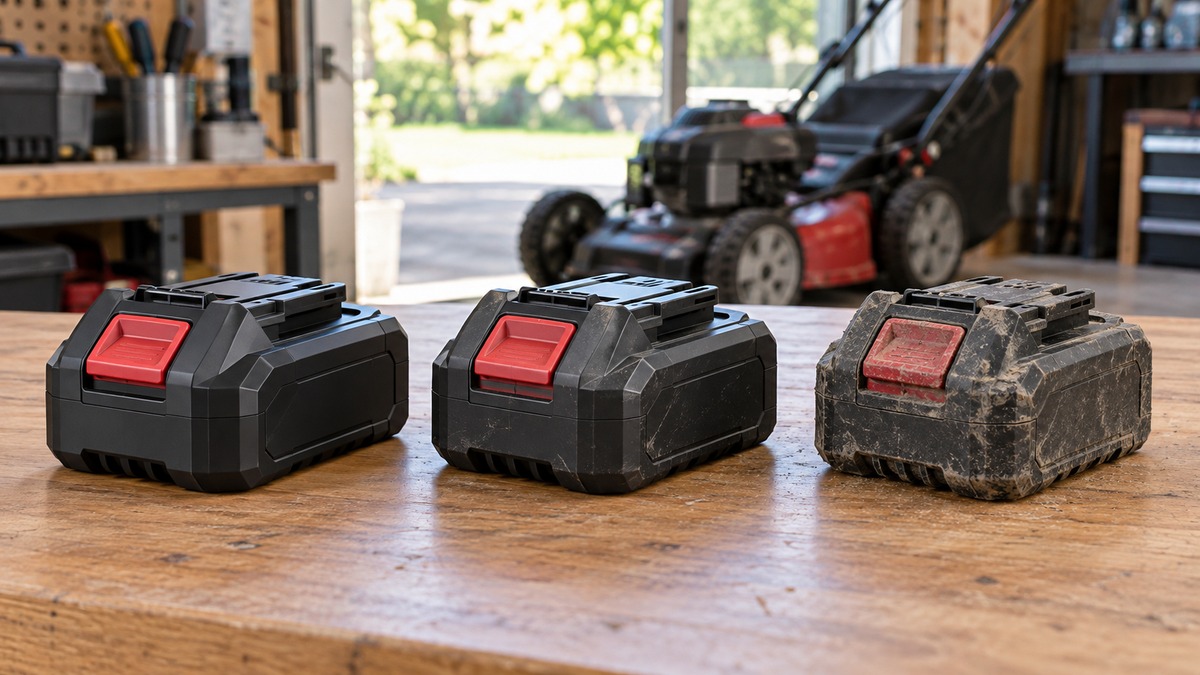 Three mower batteries showing progressive wear from repeated use