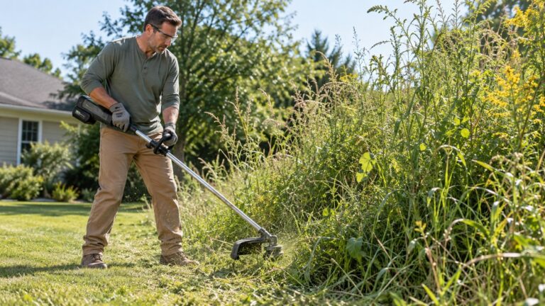 Homeowner safely cutting tall weeds with a cordless string trimmer