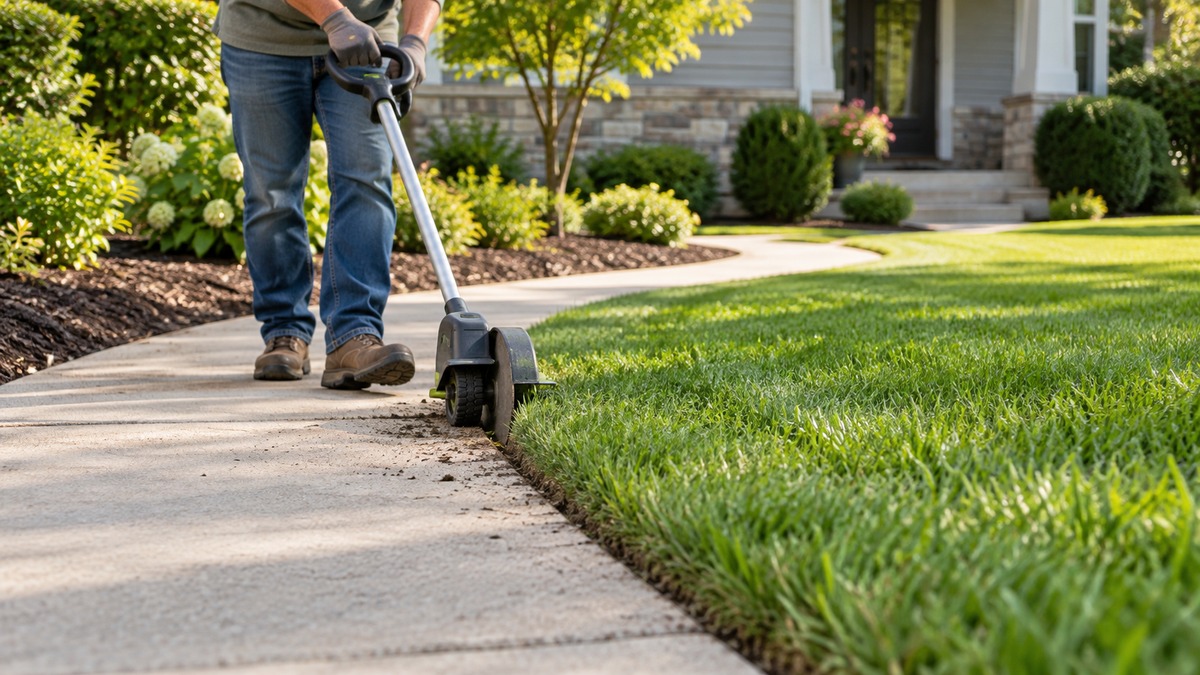 Electric lawn edger creating a clean border along a concrete path