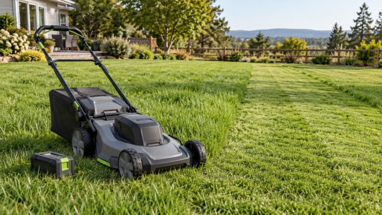 Cordless mower and removable battery on a partially mowed lawn