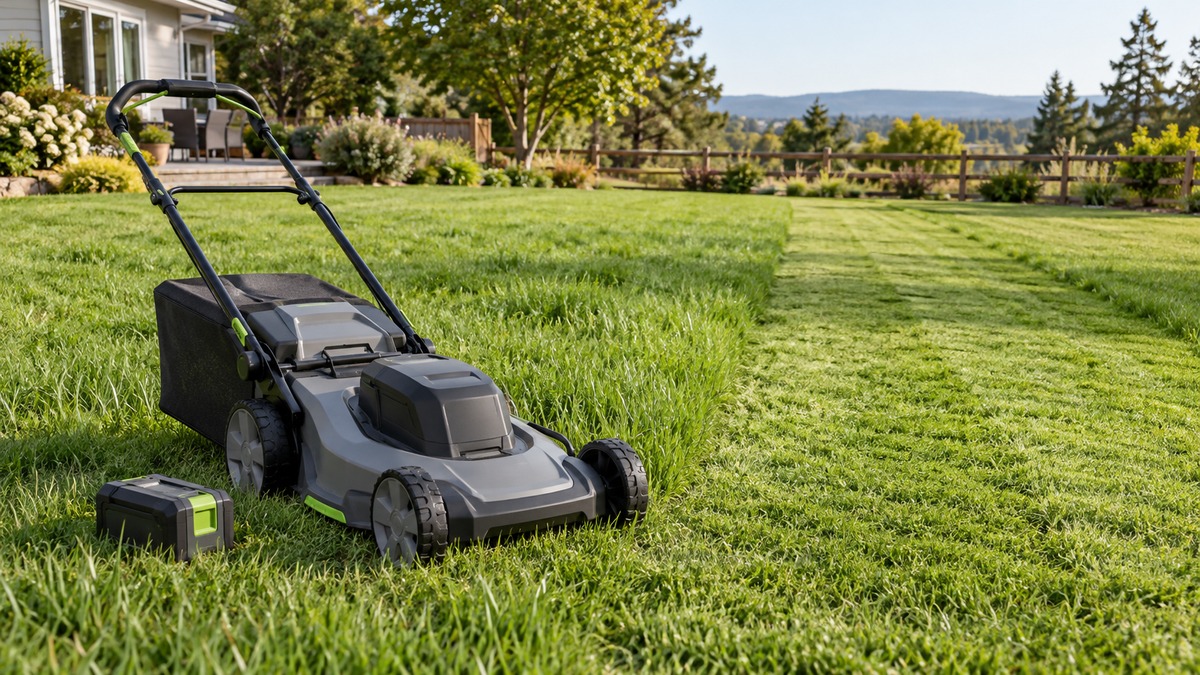 Cordless mower and removable battery on a partially mowed lawn