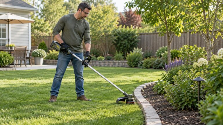 Homeowner using a balanced safe grip and stance with a string trimmer