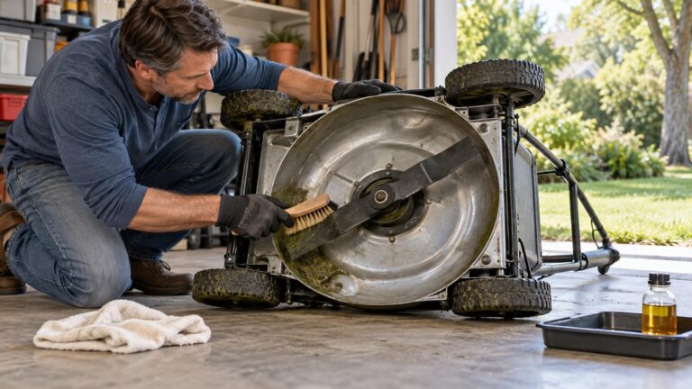 Homeowner brushing the underside of a lawn mower deck to prevent rust