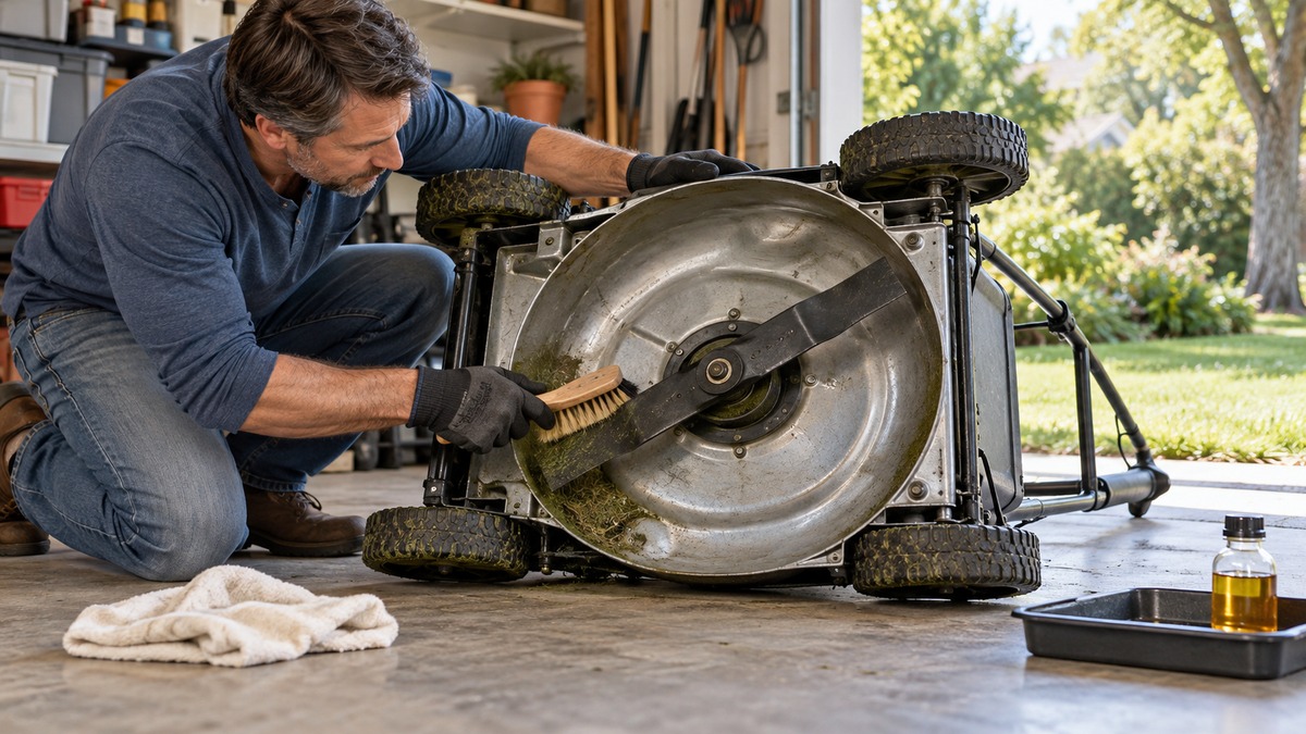 Homeowner brushing the underside of a lawn mower deck to prevent rust