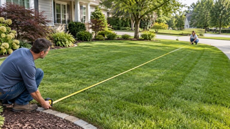 Measuring a lawn with a tape measure to choose a mower