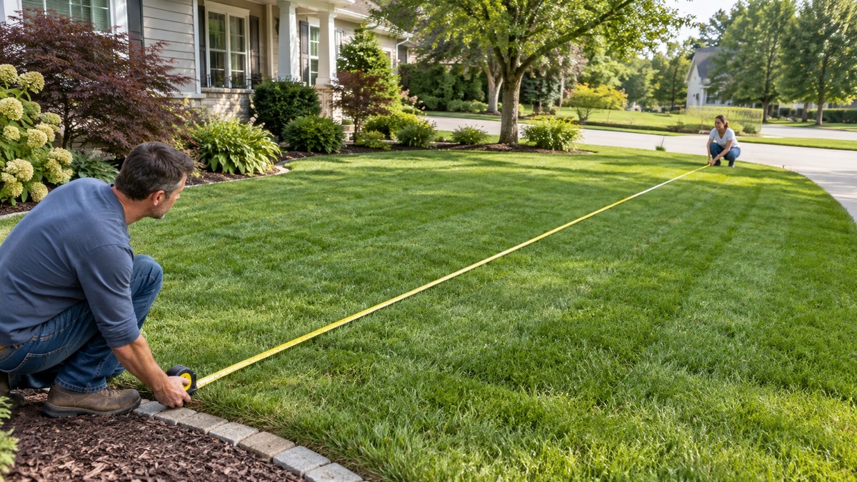 Measuring a lawn with a tape measure to choose a mower