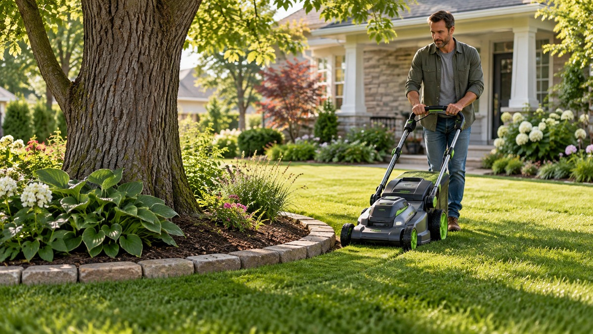 Mowing carefully around a tree and garden border