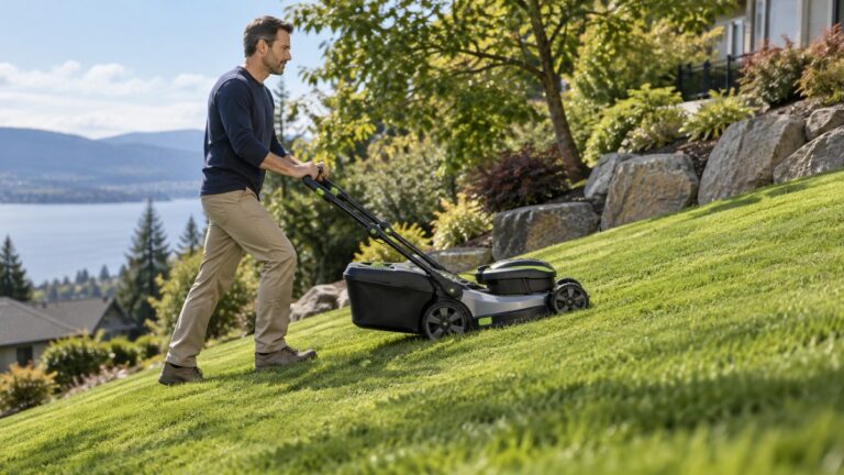 Mowing across a grassy slope with an electric mower