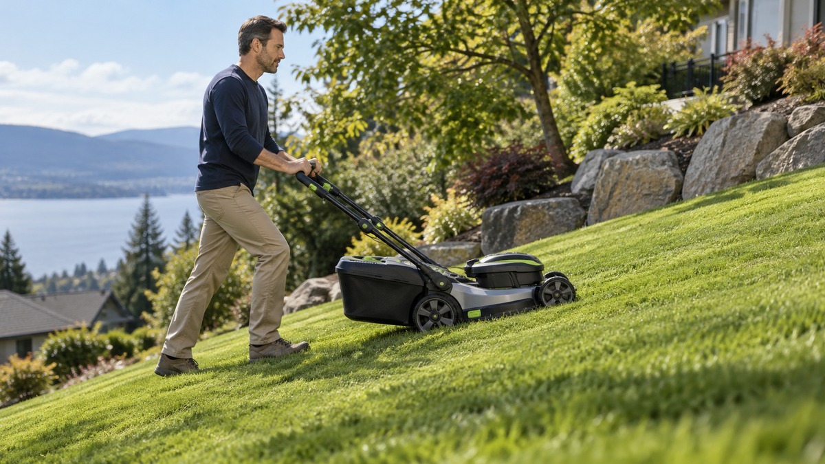 Mowing across a grassy slope with an electric mower