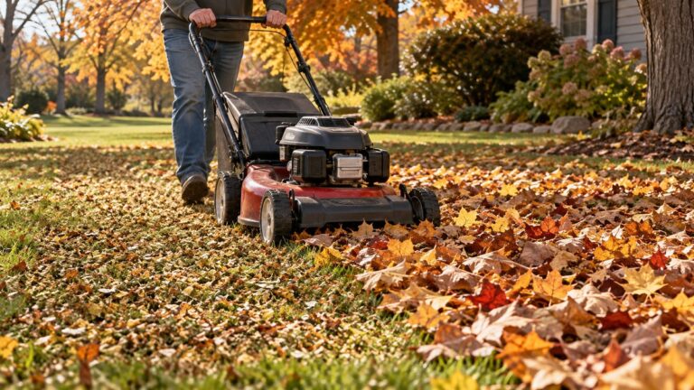 Mulching autumn leaves into a lawn with a mower