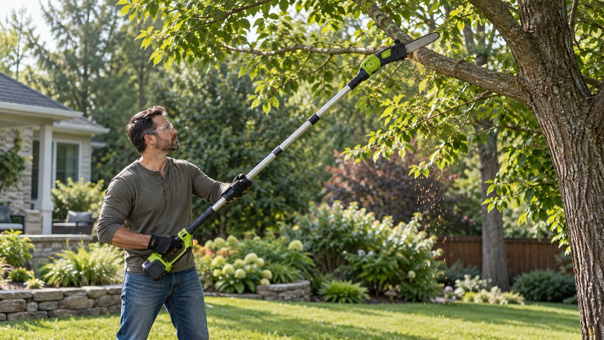 Pruning a tree branch safely with a cordless pole saw