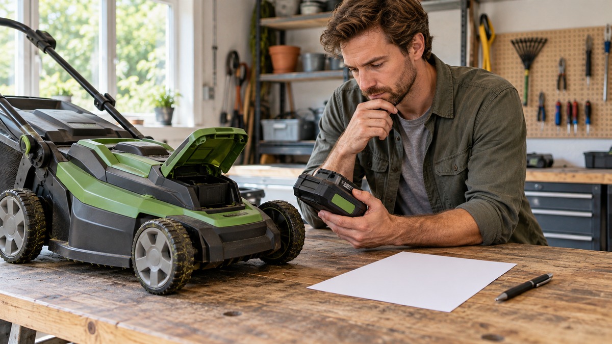 Reviewing a cordless mower battery and specification sheet