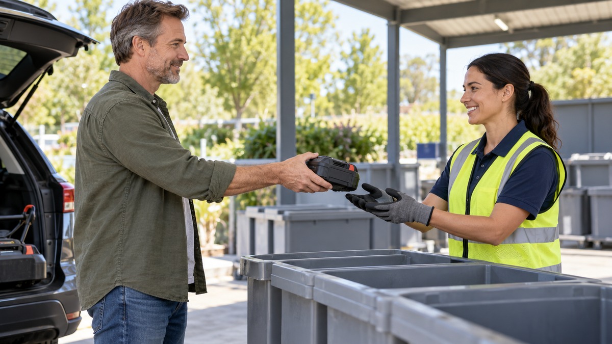 Handing an old mower battery to a recycling attendant