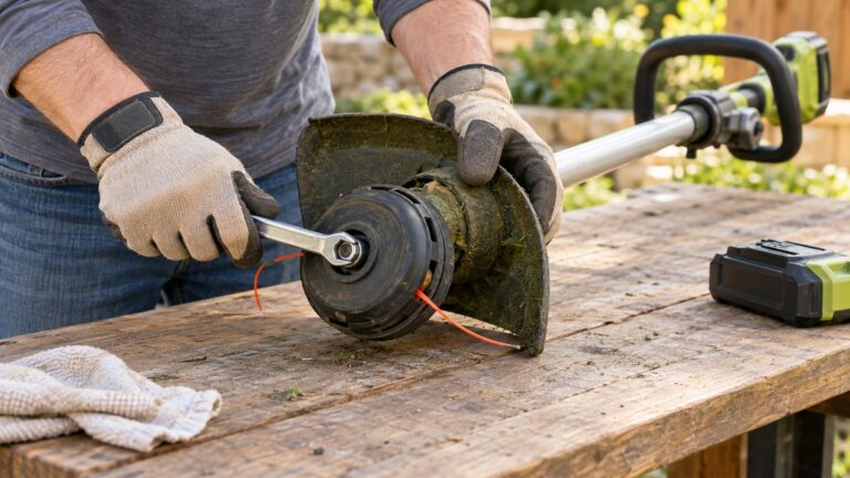 Removing a string trimmer head safely with a wrench