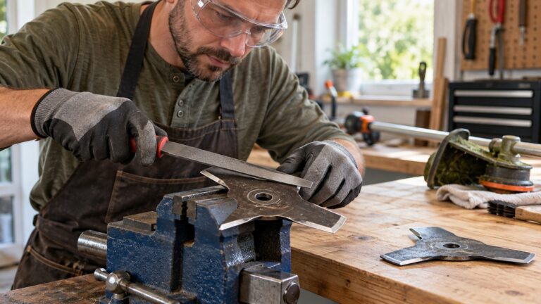 Sharpening grass trimmer blades with a hand file