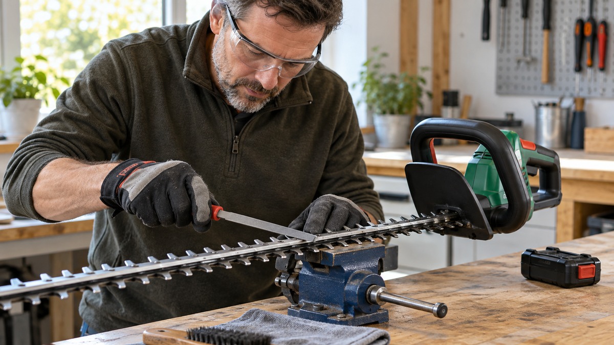 Sharpening hedge trimmer blades safely with a file