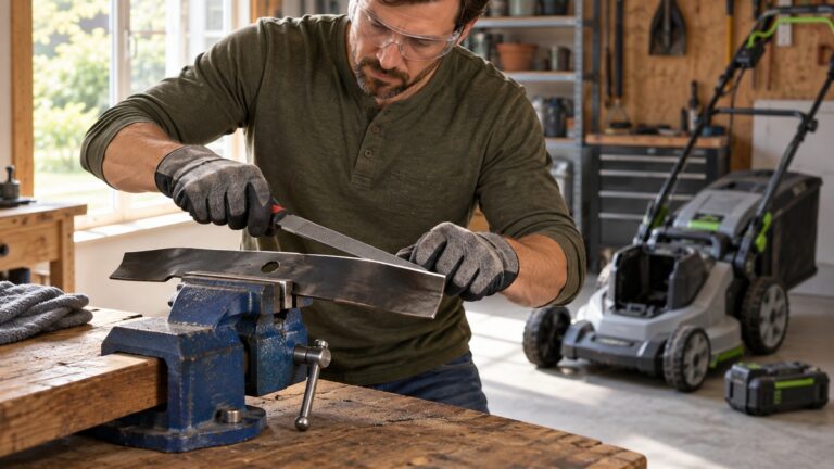 Sharpening a lawn mower blade safely at a workbench