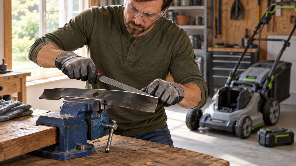 Sharpening a lawn mower blade safely at a workbench