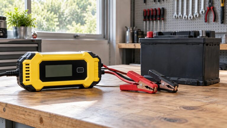 A small yellow smart battery charger with a digital display, its red and black battery clamps resting on a garage workbench beside a 12-volt battery.