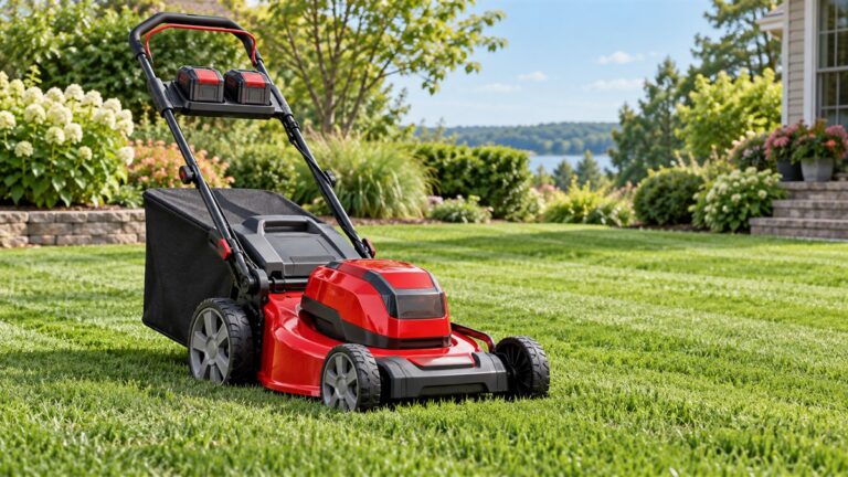 A red cordless push mower with two battery packs on its handle, standing on a short-cut lawn beside a grass bag hanging from the rear.