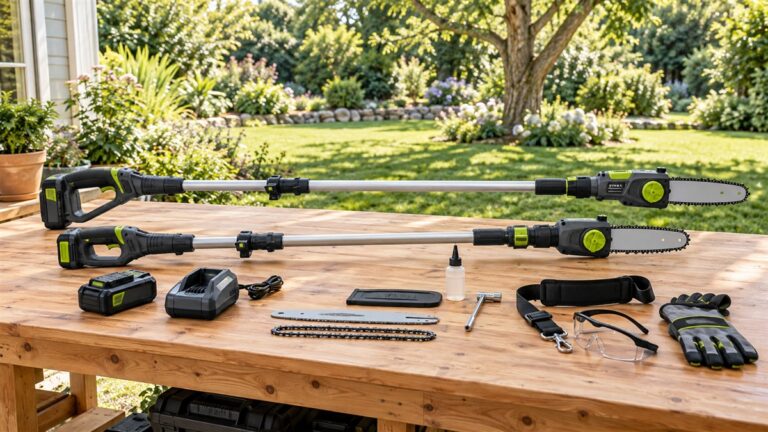 A generic cordless pole saw shown in two practical configurations beside a garden.