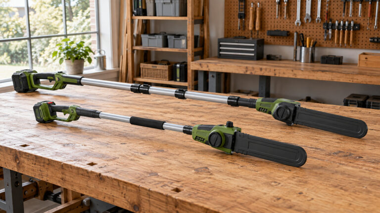 Two generic cordless pole saws with different lengths and configurations on a workbench.