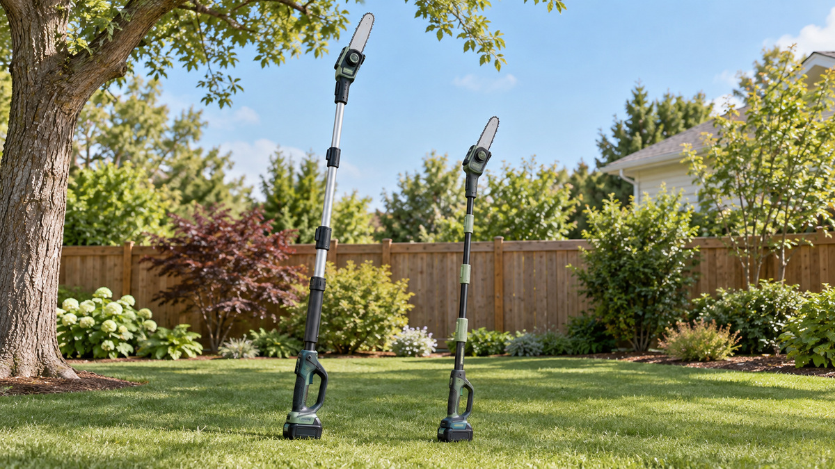 Two generic cordless pole saws with different reach and shaft configurations.