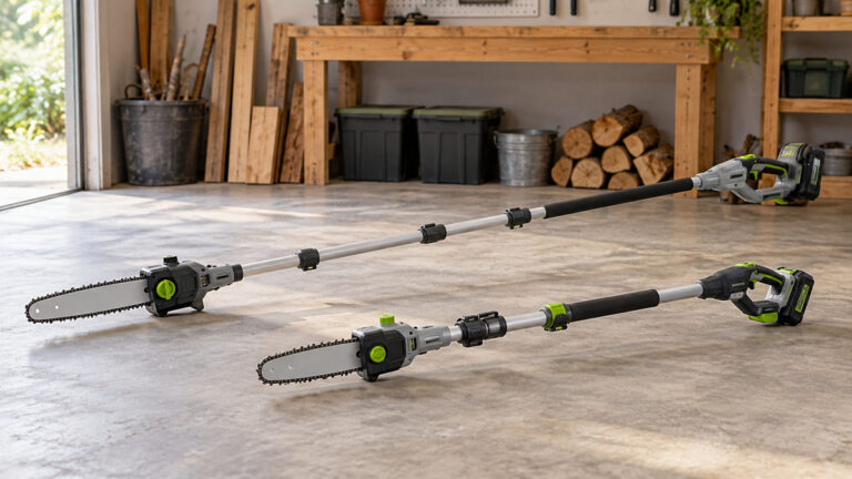 Two generic cordless pole saws with different reach and shaft designs.
