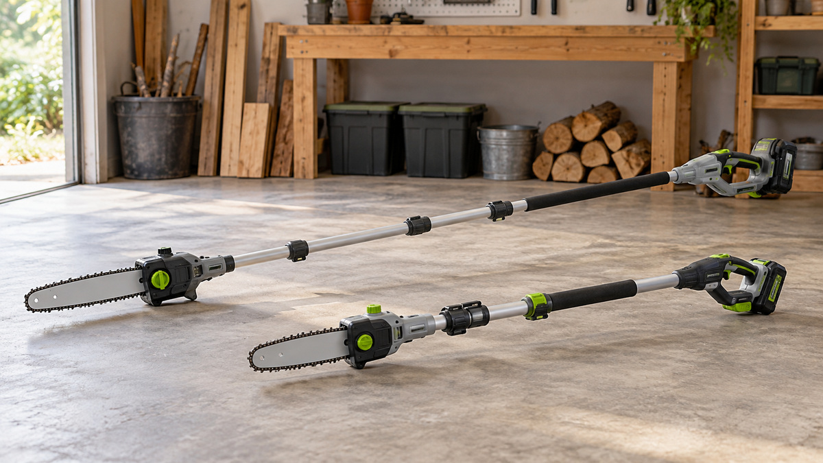Two generic cordless pole saws with different reach and shaft designs.