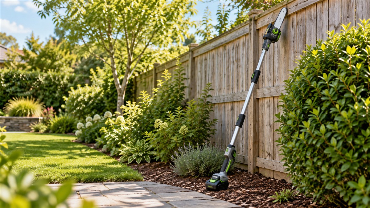 A cordless pole saw with a telescopic pole and a hedge trimmer head, leaning against a garden fence beside a shrub.