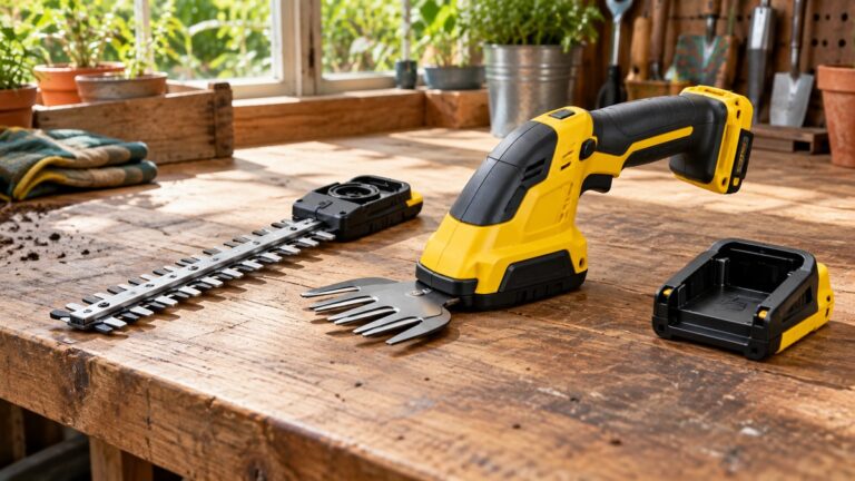 A yellow and black cordless trimmer with a short grass shear blade and a long hedge blade, laid on a workbench beside an empty battery bay.