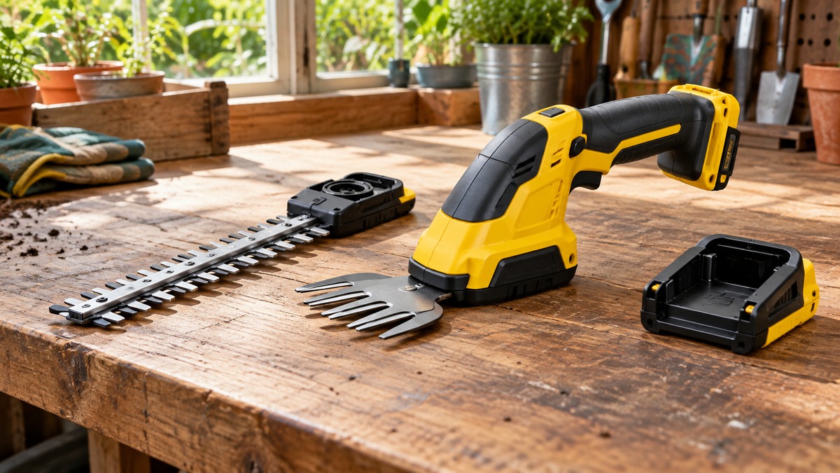 A yellow and black cordless trimmer with a short grass shear blade and a long hedge blade, laid on a workbench beside an empty battery bay.