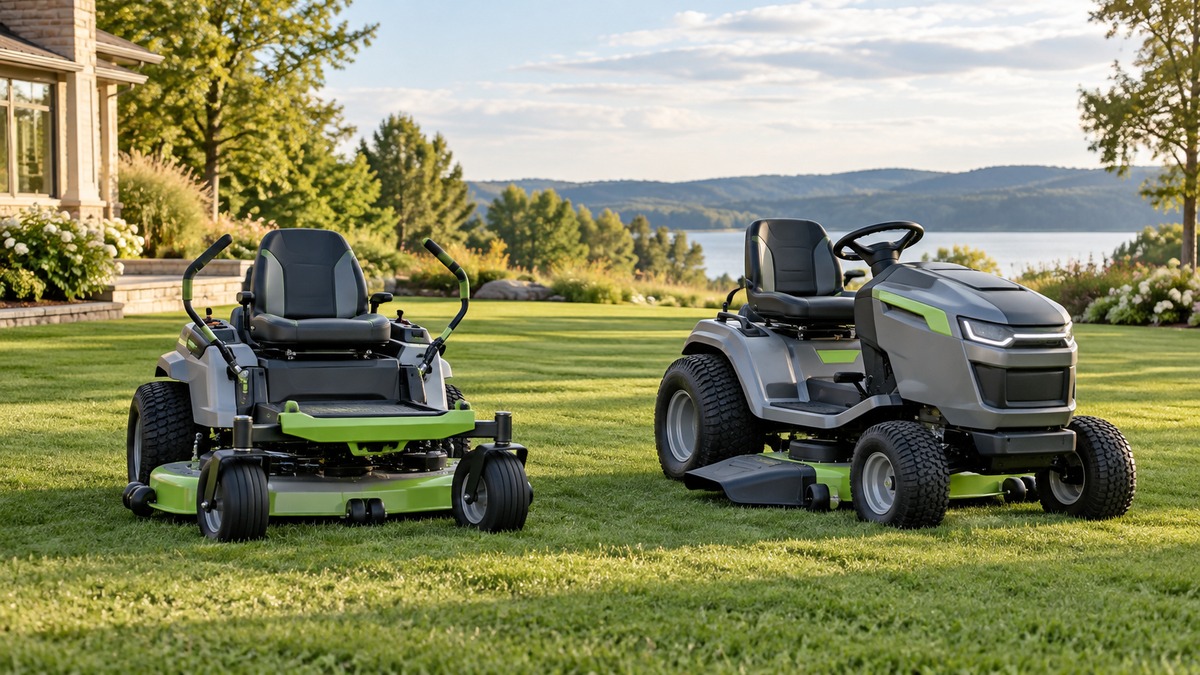 Editorial comparison scene for riding lawn mowers tractors ego power versus greenworks.