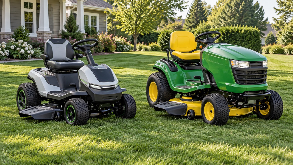 Side-by-side view of the EGO Power+ and MAXXTUFF riding lawn mowers & tractors products on a neutral background, emphasizing visible differences in size and configuration.