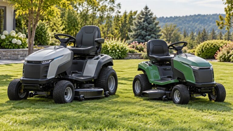Two generic electric riding lawn mowers with different deck and seat configurations on a lawn.